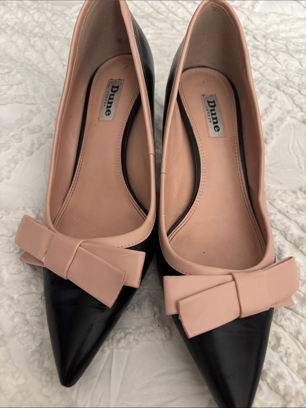 Dune London Black and Blush Pointed Bow Flats